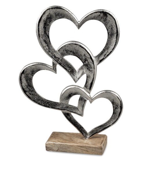 Formano 3 Herzen aus silbernem Aluminium auf Holzfuß 32x24cm
